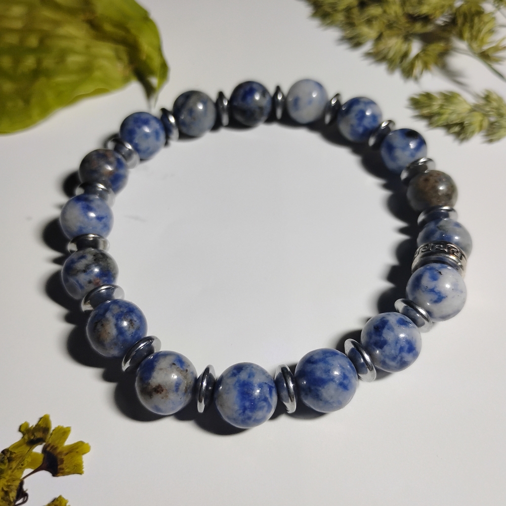 Elastic Blue Moon Stone Bracelet with Silver Accents